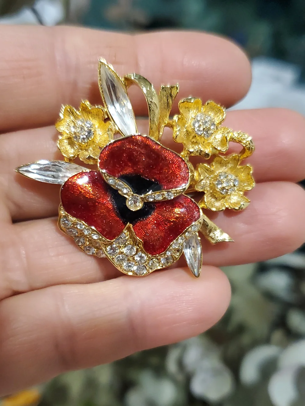 Gold-Tone Red Poppy Floral Brooch with Crystals